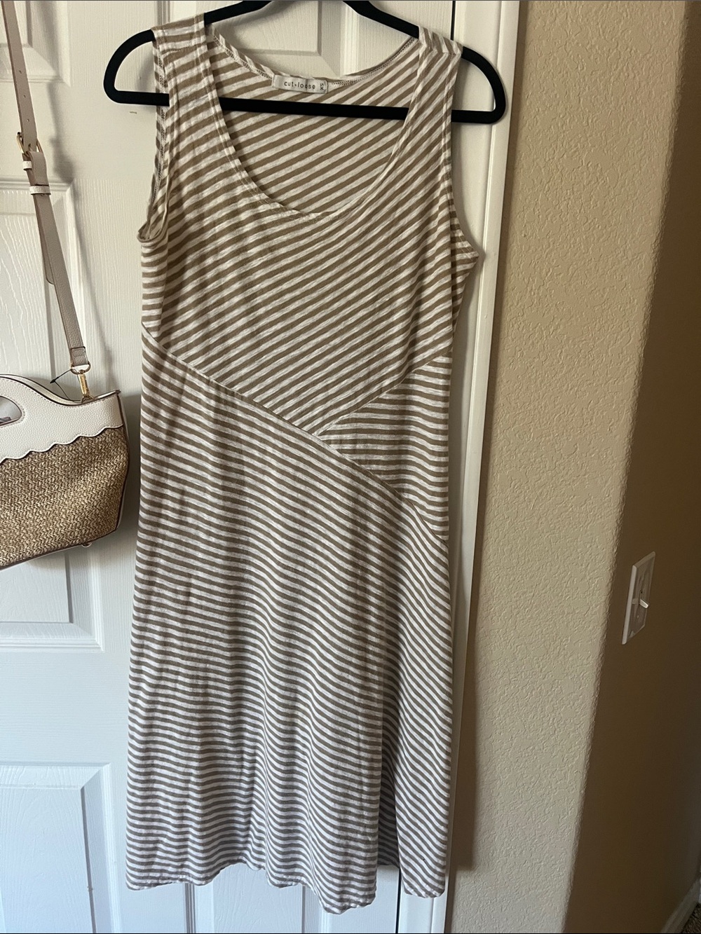 Cut Loose Striped Sleeveless Taupe & White Midi Dress. Generous XS